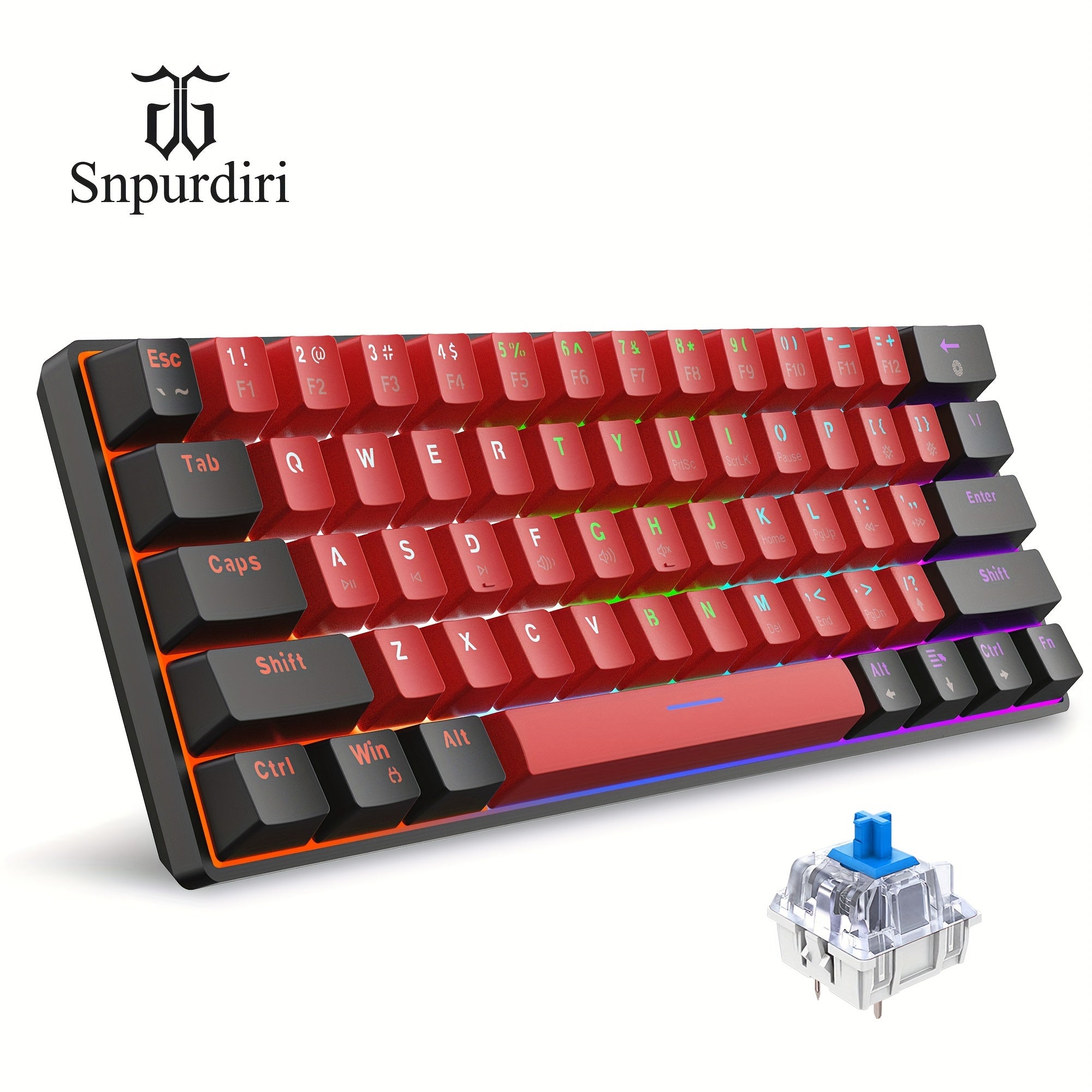 Snpurdiri 61-Key Device, Wired 60% Mechanical Gaming Keyboard with Green Switches, Compact And Portable, Designed for Windows Laptops in Black And Red