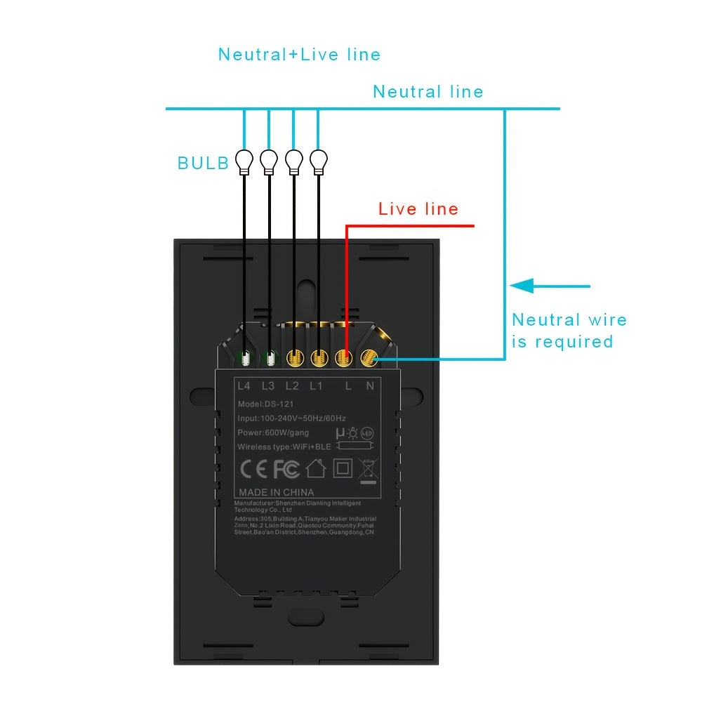Black Smart Switches for Lights/US Standard Supports Mobile APP Control Alexa Google Voice ControlTempered Glass Panel 1/2/3/4 Channels 100-240V 50Hz/60Hz Requires Neutral Wire Connection