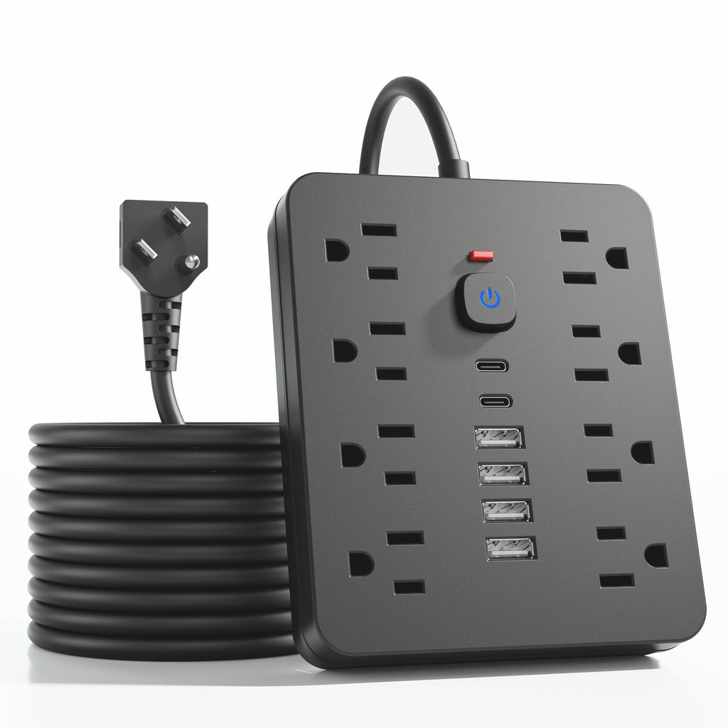 14-in-1 Power Strip with Surge Protector - 8 AC Outlets And 6 USB Ports (2 USB-C)|Flat Plug, Space-saving Design, Wall-mountable Multi-function Power Extension Cord, Overload Protection for Home, School And Office. Available In 5ft Or 10ft