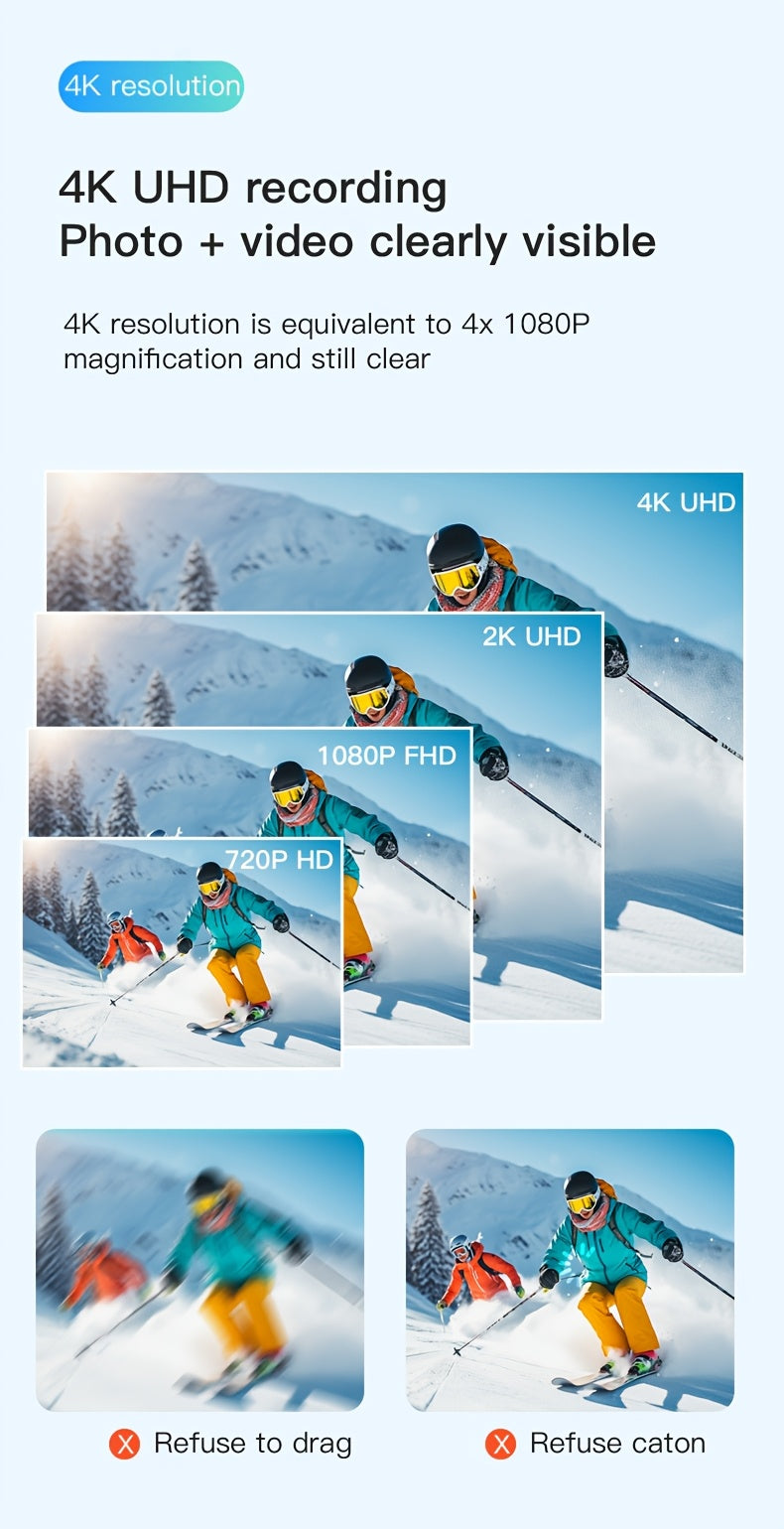 4K 1080P Thumb Action Camera, HD Sports Camera, Automatic Exposure, TF Card Compatible, 800mAh Battery, Rechargeable Lithium-Polymer, Ideal for Cycling, Hiking, Sports Enthusiasts
