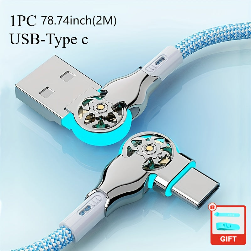 Fast Charging Data Cable 90 Degree Cable, 6.56FT 2M Left&Right Angle Type-C with Light Double Elbow Rotation 65W Flash Charging Is Suitable for Phone, Samsung Car Universal Android Mobile Phone Charging Cable
