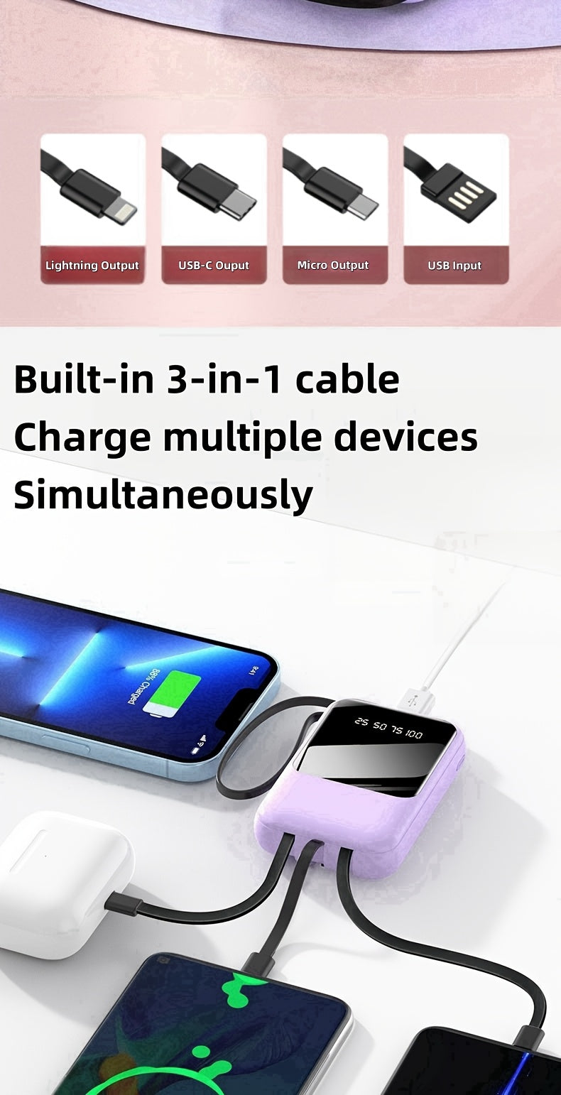 10000Mah Mini Cute 5W Slow Charging/15W Fast Charging/22.5W Super Fast Charging Multifunctional Power Bank, Rechargeable Portable Mobile Phone Charger, Built-In 4 Cables, Ultra-Bright LED Lights Outdoor Travel Battery Packs Smart Digital Display
