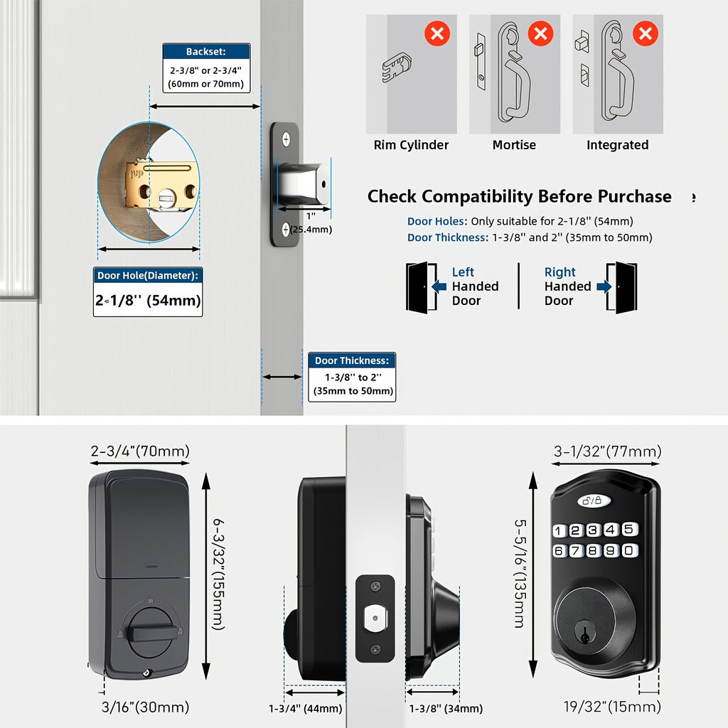 Smart Door Lock with Fingerprint & Keypad, Keyless Entry Door Lock with Bluetooth App Control, Tuya Smart Lock, Digital Electronic Front Door Lock, Auto Lock, Vacation Mode, Hidden Key Backup, Door Lock with Handle, Father's Day Gift for Dad