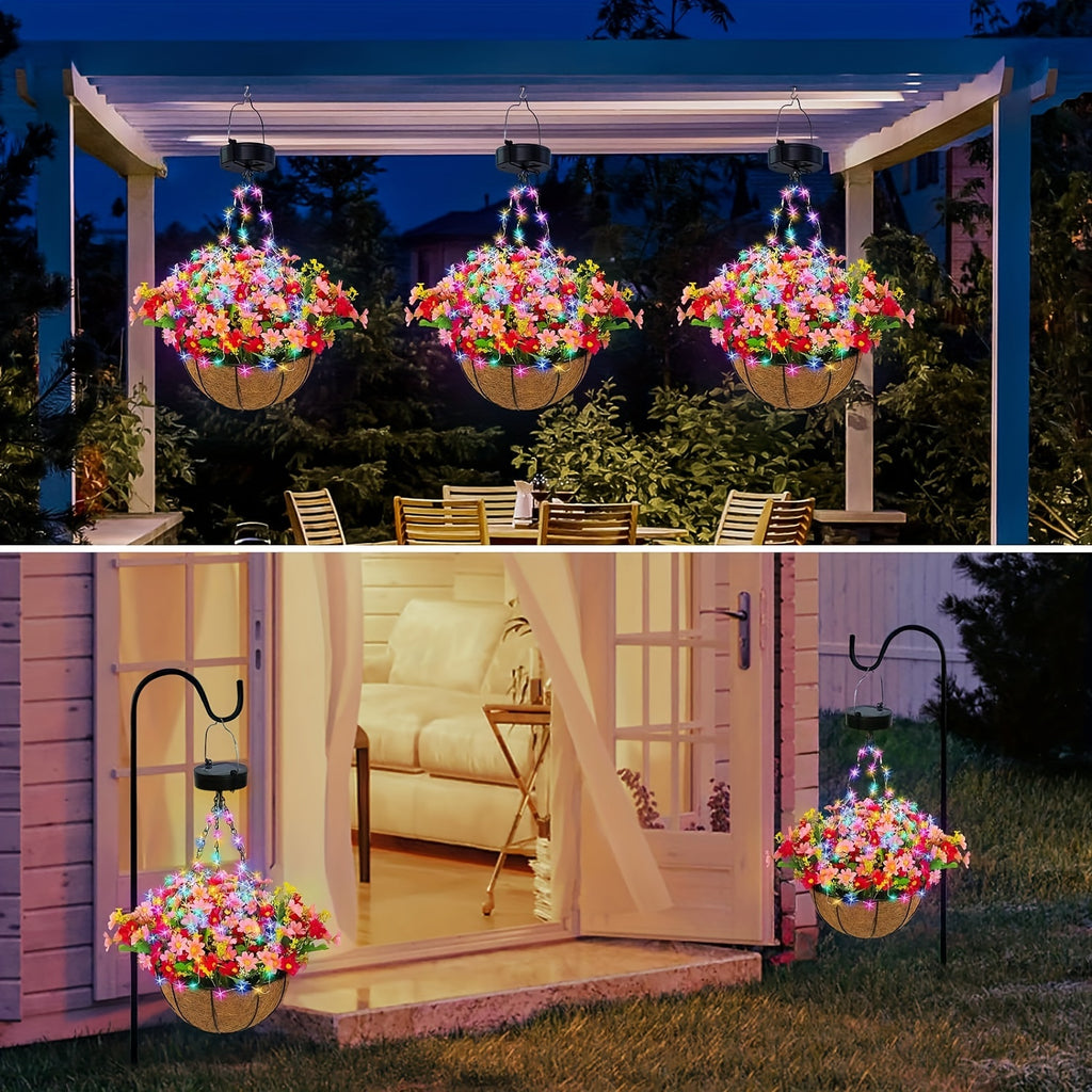 Solar Hanging Flower Basket Lights, Artificial Flowers with Solar RGB String Lights 10 Inch Coconut Hanging Flower Basket with Artificial Pink/Purple/Orange Flowers for Patio Lawn Garden Decorative Lights