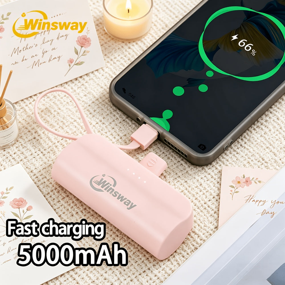 WINSWAY Dual Port 5000mAh Capsule Mini Pocket Mobile Power Bank, Portable Fast Charging Wireless Phone Holder Charger, Comes with Type-C Data Cable, Can Charge Two Phones At The Same Time, Compatible with Android, Samsung And Other Devices, Suitable