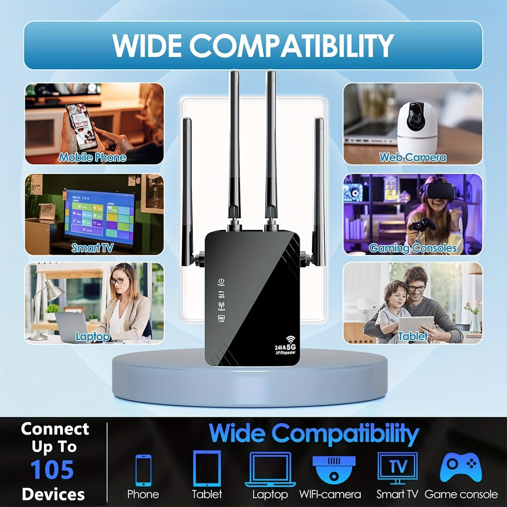 1200Mbps WiFi Extender, Boosts WiFi Signal On Dual Bands (2.4GHz/5GHz) for Up to 10000 Sq.ft Coverage. 6X Stronger Signal, Penetrates Walls. Supports 35 Devices, 4 Modes. 1-tap Setup. 4 Antennas for 360° Coverage