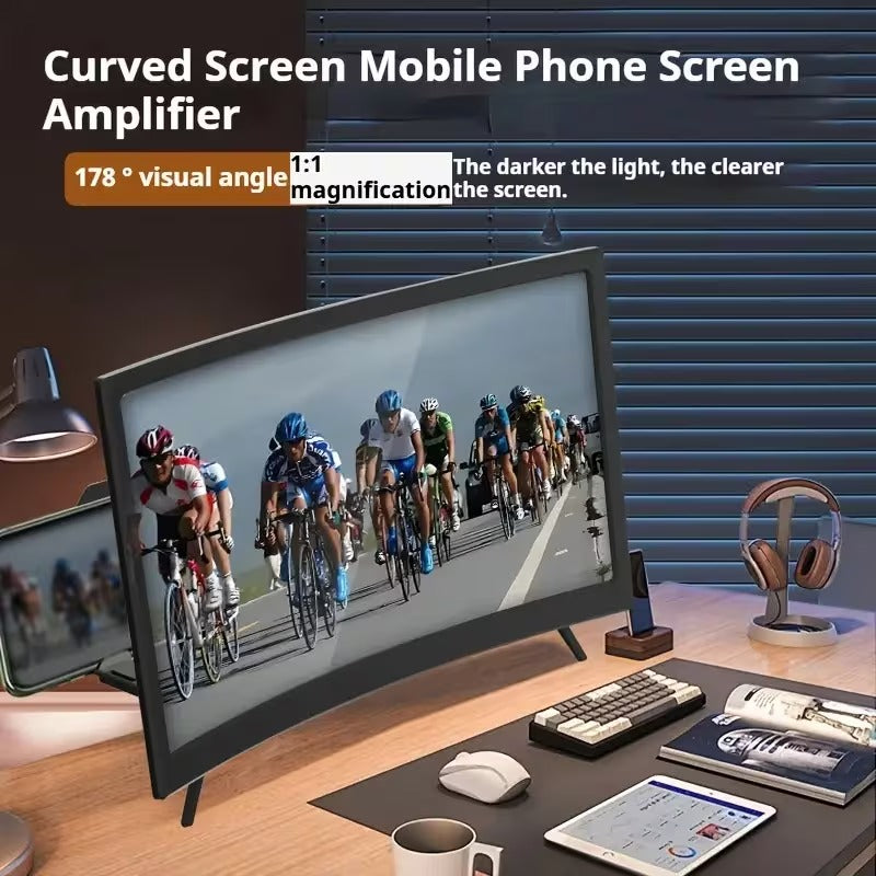 16-Inch HD Curved Phone Magnifier Featuring a Foldable Stand, a Contrast Ratio of 3000:1, And a Wide Viewing Angle of 1080 Degrees. It Is Ergonomically Designed for Watching Movies, Gaming, And Video Calls