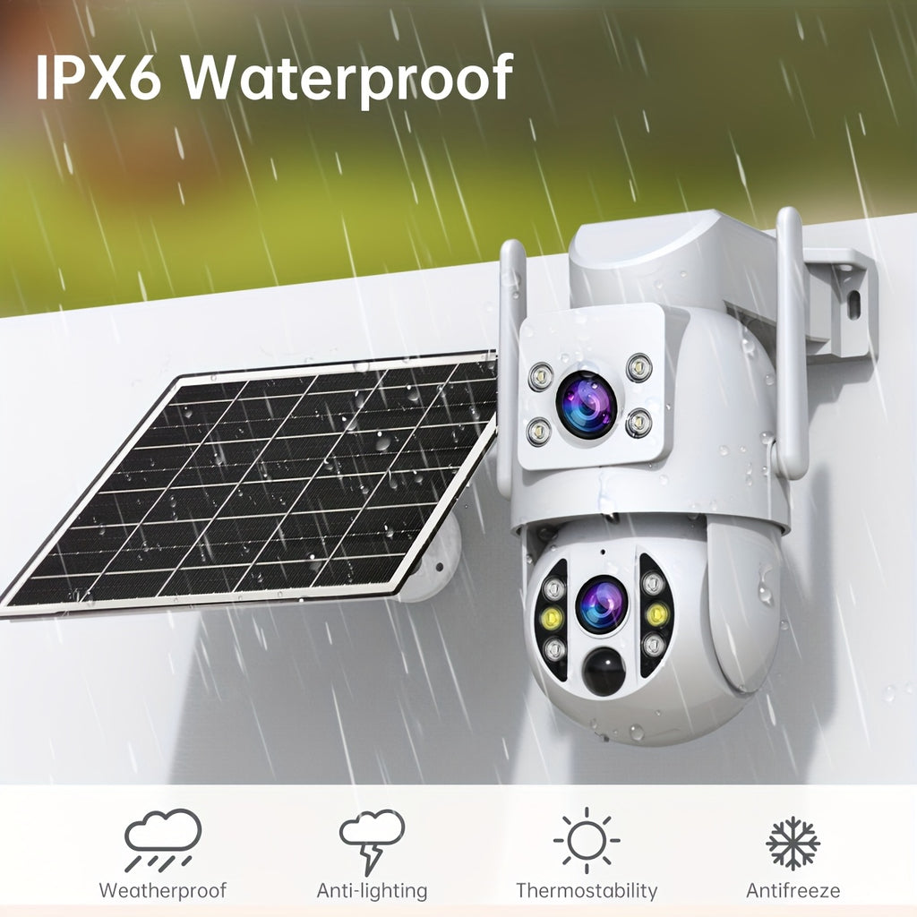 JOOAN Solar-Powered Outdoor Surveillance Camera Featuring 360° PTZ View, Dual Lenses & Display, 1296P HD Quality, Two-Way Communication, Motion Detection Alert, Color Night Vision, Rechargeable Battery, Wall Mounting, Wifi/Sd Storage
