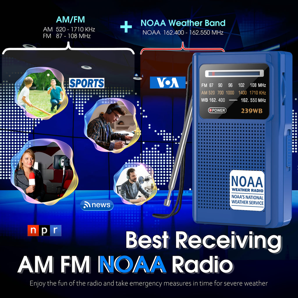 NOAA Weather Radio, AM FM Radio Battery Operated By 2 AA Transistor Radio With Best Reception, Stereo Earphone Jack, For Emergency, Hurricane, Running, Walking, Home, Winter Storm(Blue)