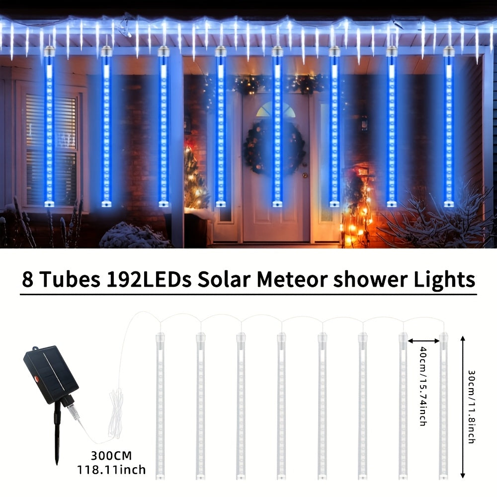 Solar Meteor Shower String Lights, Outdoor Solar Lights, Courtyard Garden Decorative Light Strings, Christmas And Halloween Decorative Lighting Fixtures, 192 LED Flower Themes, Independent Day Hanging Tree Decorations, Button Control With Light