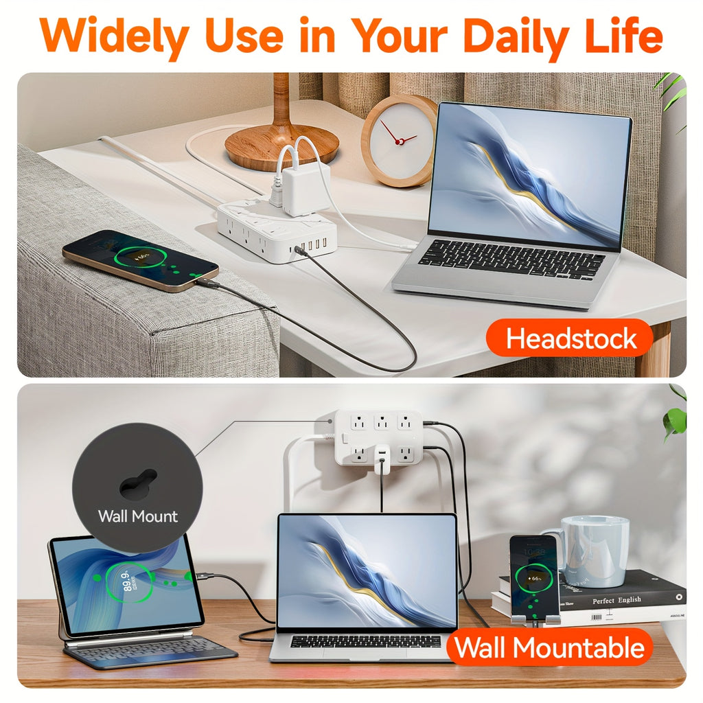 Multifunctional Surge Protector Power Strip, 12 Widely Distributed AC Outlets, 6 USB Charging Ports (4 USB A & 2 USB C)for Efficient Charging, Safe and Portable, Desktop Charging Station, Ideal for Home, Dorm, Office, and Travel Essentials
