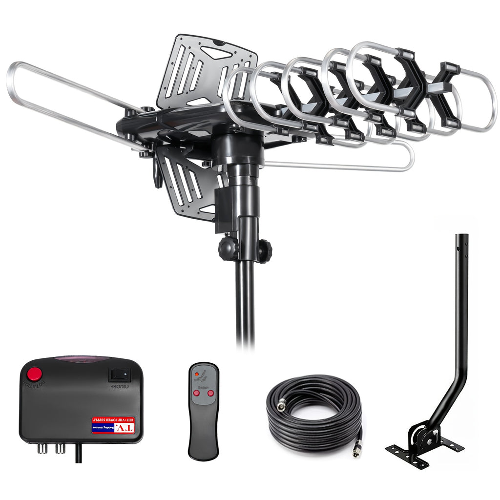 Outdoor HDTV Antenna, 150 Mile Motorized 360 Degree Rotation, Wireless Remote Control, 33FT RG6 Coax Cable, Support 2 TVs With Mounting Pole, Snap-On Installation