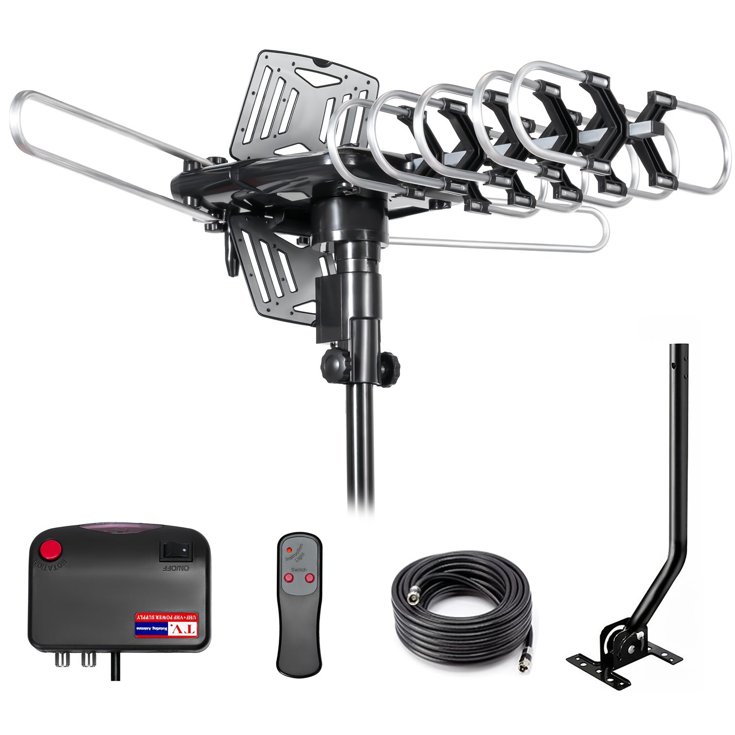Outdoor HDTV Antenna, 150 Mile Motorized 360 Degree Rotation, Wireless Remote Control, 33FT RG6 Coax Cable, Support 2 TVs With Mounting Pole, Snap-On Installation