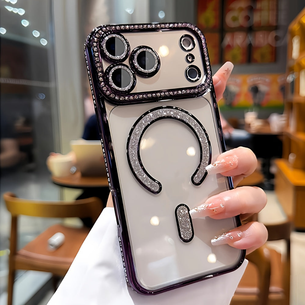 Shiny High-End Fashionable New Side Diamond Magnetic Phone Case Suitable for iPhone 17 16 15 14 13 Pro Max Plus Air 16e, Supports Wireless Charging