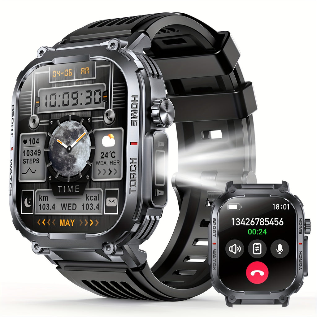 Smartwatch with 2.02" TFT Screen (Answer/Make Calls), Smart Watches for Men, Fitness Watch with Water-Proofing, LED Flashlight, Sleep Monitor, Pedometer, Activity Trackers for Ios/Android - Gifts for Fathers, Boyfriends, Husband
