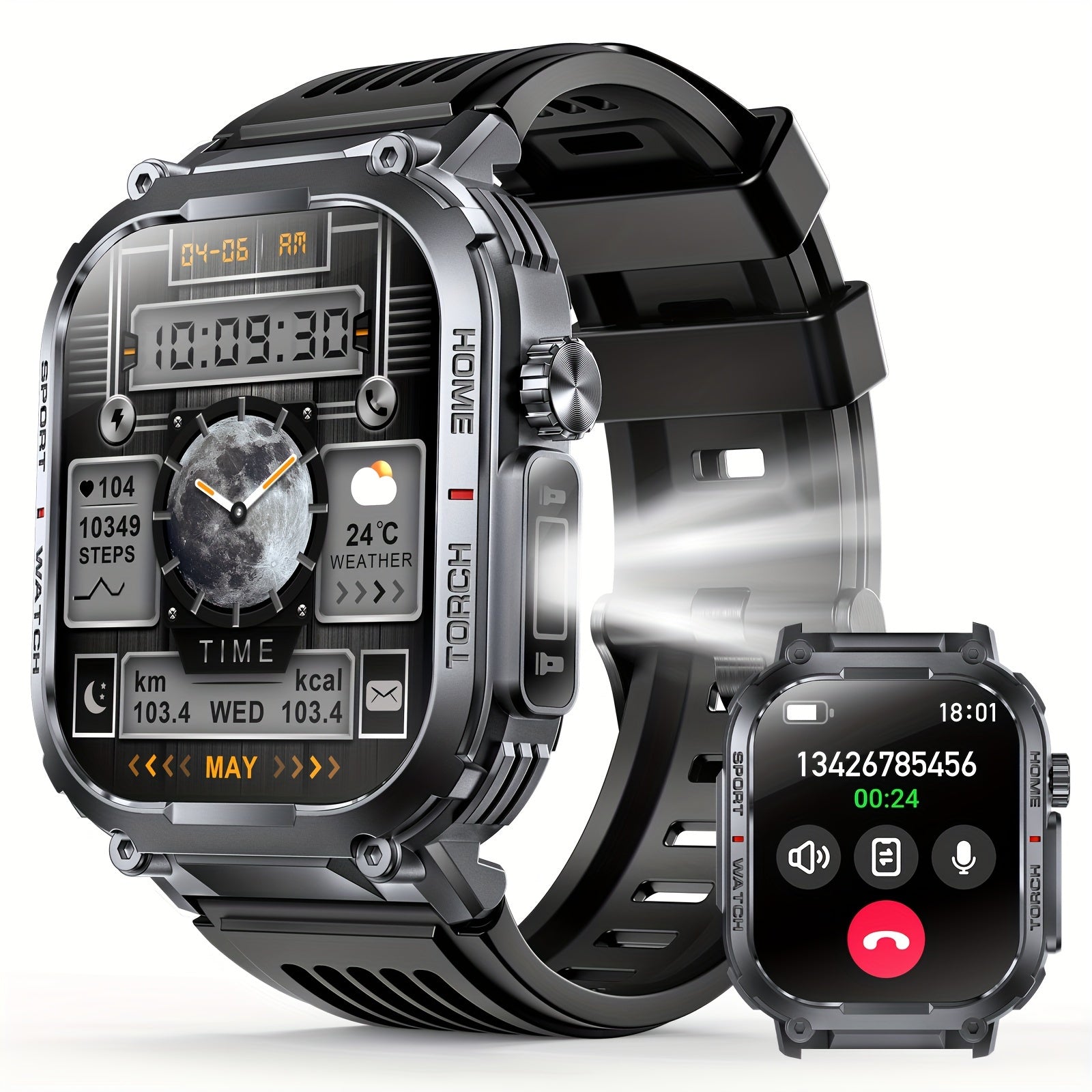 Smartwatch with 2.02" TFT Screen (Answer/Make Calls), Smart Watches for Men, Fitness Watch with Water-Proofing, LED Flashlight, Sleep Monitor, Pedometer, Activity Trackers for Ios/Android - Gifts for Fathers, Boyfriends, Husband