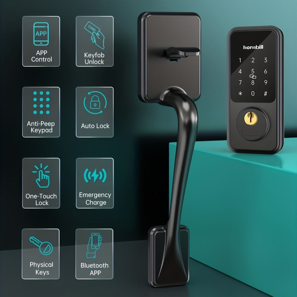 Hornbill Smart Front Door Lock Set, Keyless Entry Door Lock with Handle, Electronic Keypad Deadbolt Lock, Alexa Front Door Handle Set, Digital Lock Via Bluetooth APP/Keyfob/Auto Lock-Matte Black