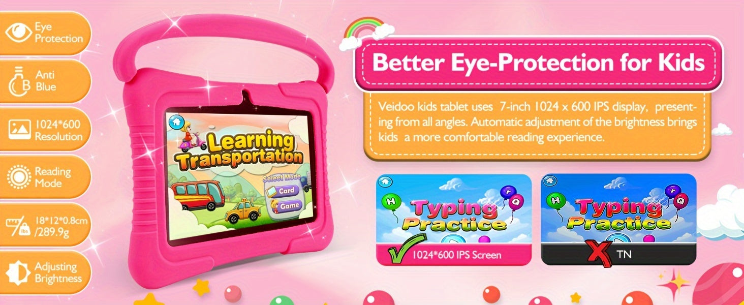 Veidoo, 7 Inch Kids Tablet, Security Eye Screen, Wifi, 2GB RAM 32GB ROM, Dual Camera, Educational Games, Parental Control APP, Android Tablet, Tablet with Drop-Proof Silicone Cover, Tablet, Pad, Tablet, Pad