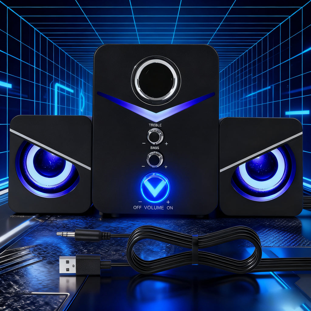 3-Piece Computer Speakers with Subwoofer – USB Desktop Speaker System with 3.5mm Audio Jack, Bass & Treble Control, Blue LED Light for PC/Laptop