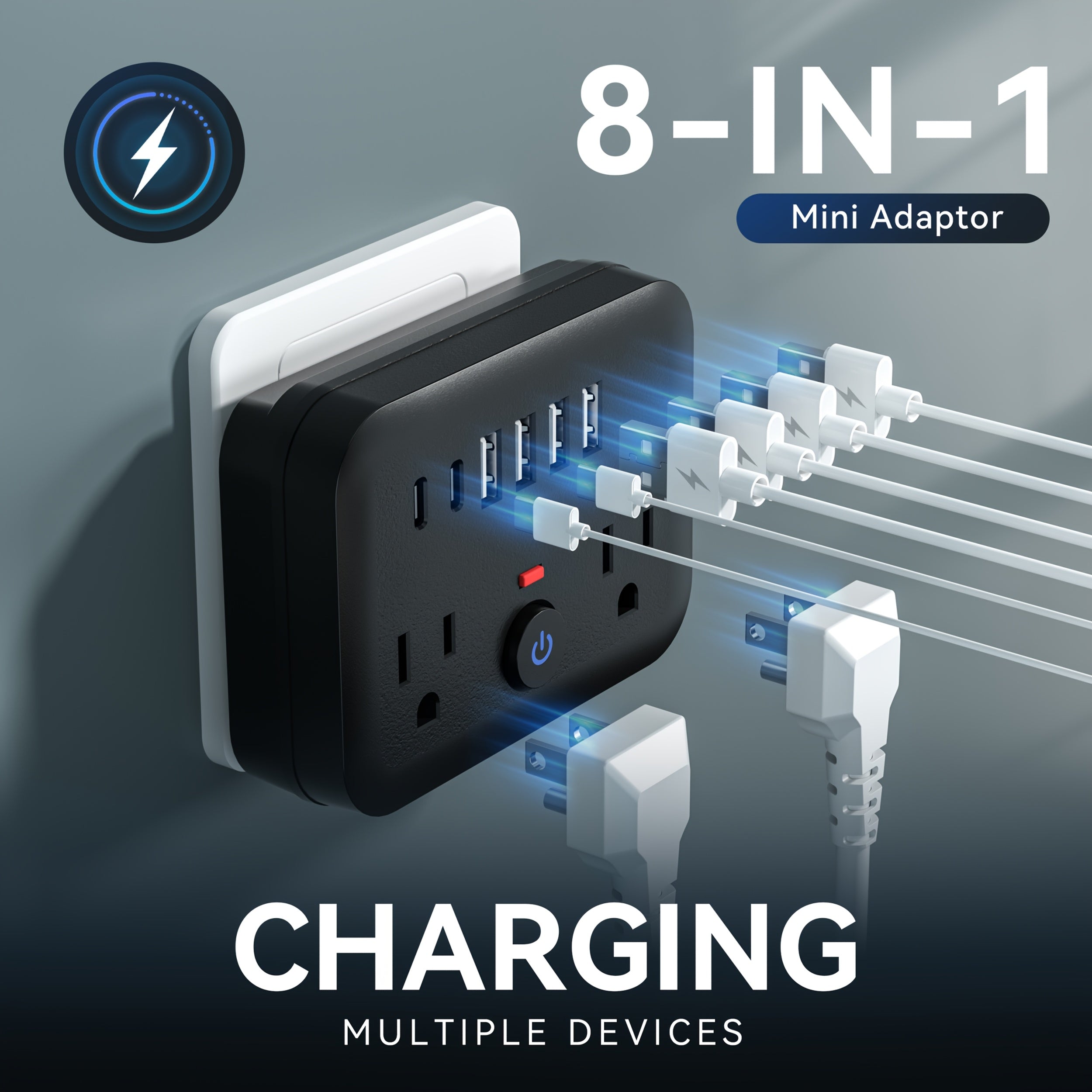 Mini Portable Surge Protector Power Strip, 8-in-1 Multifunction with 2 Outlets, 4 USB Ports, 2 USB-C Jacks, Overload Protection, US Plug, Wall-Mounted for Home, Travel, Office - Black & White, Travel Accessory | Sleek Black Design | Multi-port Surge