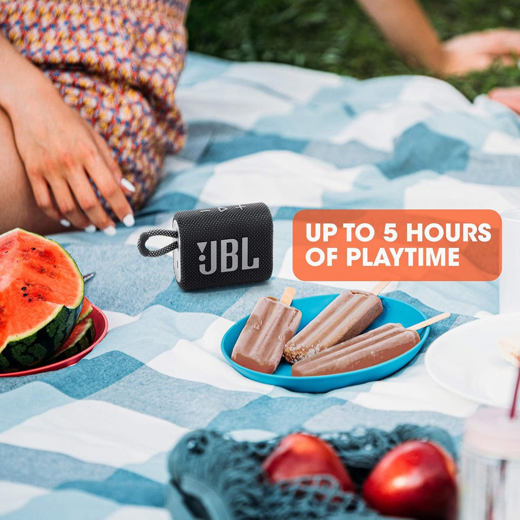 JBL Go 3 Portable Mini Bluetooth Speaker – Big Audio & Punchy Bass in a Pocket-Size Design, IP67 Waterproof & Dustproof for Shower/Beach/Pool, Up to 5 Hours Playtime per Charge, Rugged Fabric & Durable Housing, Integrated Carry Loop, USB-C Fast Recharge,