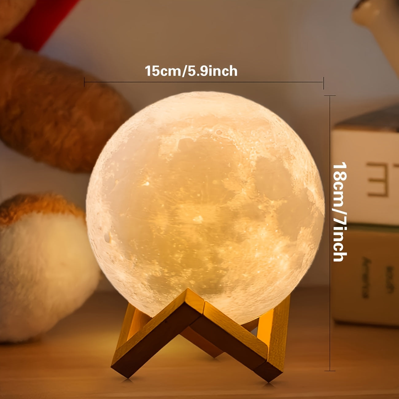 16 Color Moonlight Light 148 Combination Mode, USB3D Printed Moonlight Christmas Gift, LED Nightlight Bedroom, Bedside, Home Decor with Remote Control, Creative Desktop Decor Suitable Gift 5.9 Inch, W/ Wood Stand