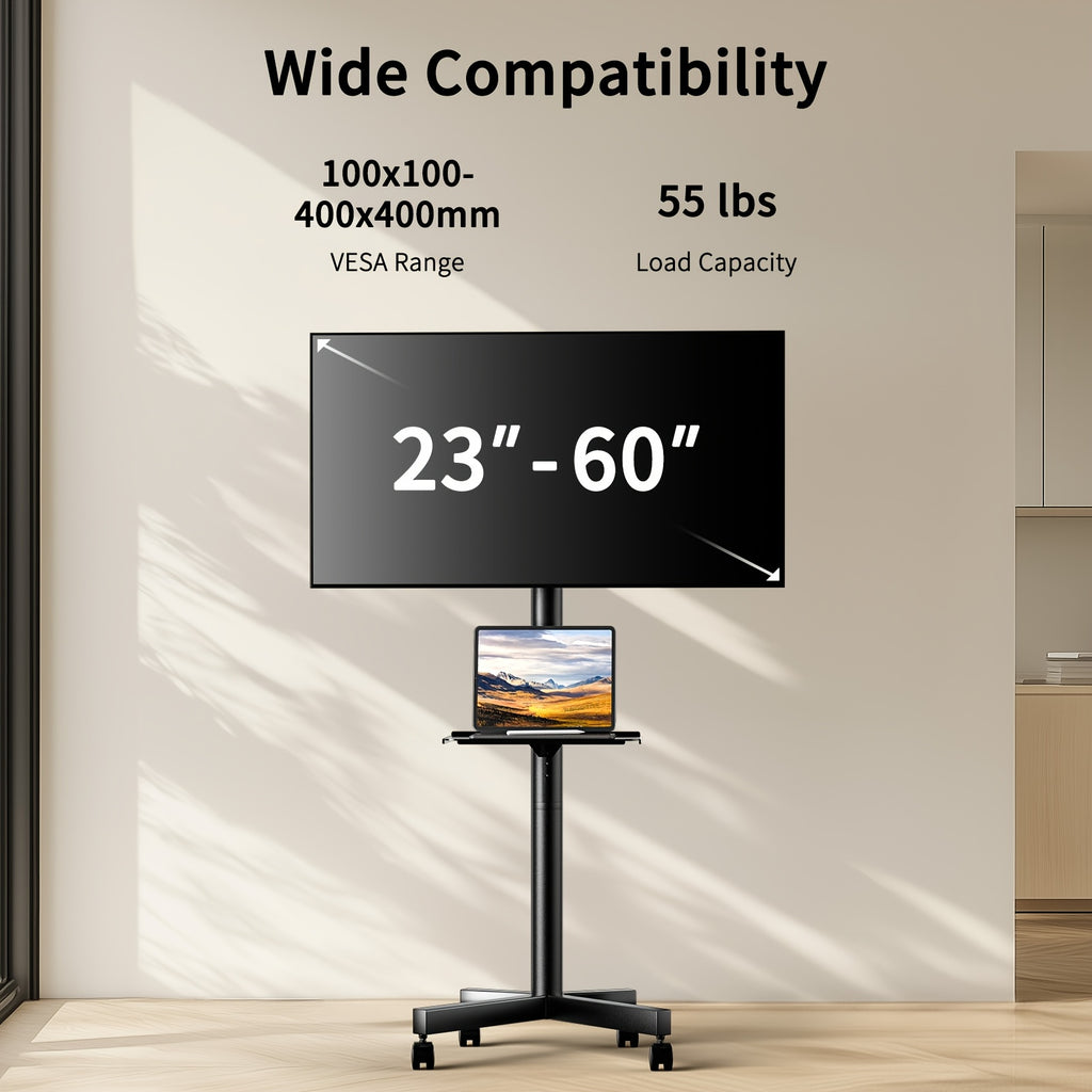 Height Adjustable Rolling TV Cart with Lockable Wheels, Fits 23-60 Inch LCD LED OLED Flat And Curved Tvs, Mobile TV Stand for Home And Office, Black