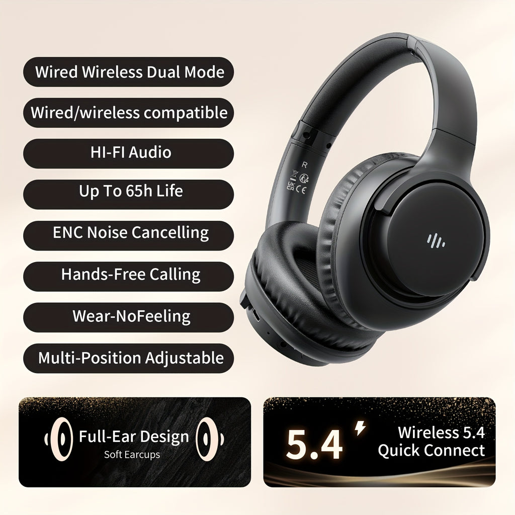 KVIDIO Wireless Over-Ear Headphones, Rich Bass, Hifi Stereo, Low Latency, 65 Hours Ultra-Long Battery Life, with Microphone, Foldable Lightweight Design, Suitable for Travel, Work