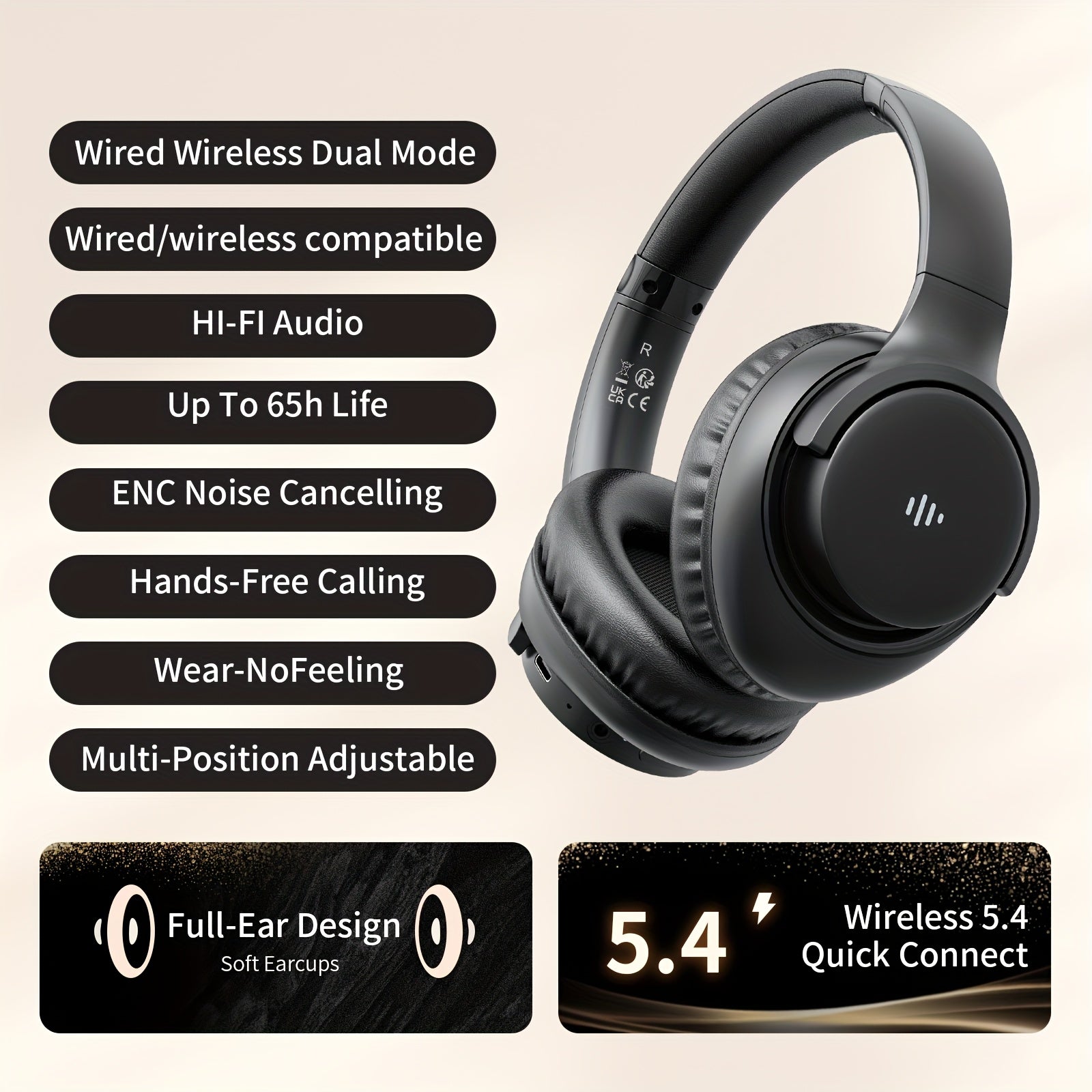 KVIDIO Wireless Over-Ear Headphones, Rich Bass, Hifi Stereo, Low Latency, 65 Hours Ultra-Long Battery Life, with Microphone, Foldable Lightweight Design, Suitable for Travel, Work