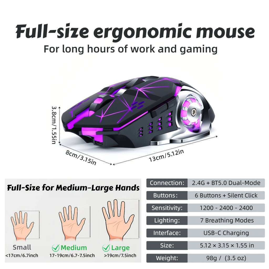 RGB Wireless Gaming Mouse - T-WOLF Rechargeable BT5.0 + 2.4G Dual-Mode Mouse, Silent 6-Button Full-Size Ergonomic Comfort for Extended Work & Gaming, Computer & Gaming Accessories, Cool RGB Desk Setup, Back to School Gift