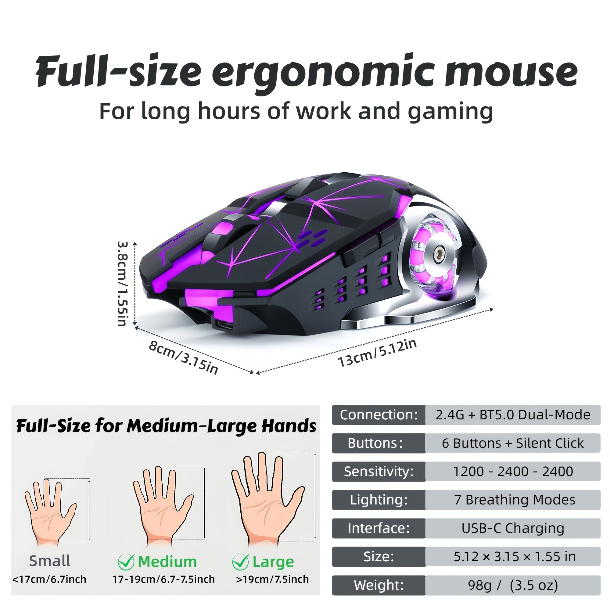 RGB Wireless Gaming Mouse - T-WOLF Rechargeable BT5.0 + 2.4G Dual-Mode Mouse, Silent 6-Button Full-Size Ergonomic Comfort for Extended Work & Gaming, Computer & Gaming Accessories, Cool RGB Desk Setup, Back to School Gift