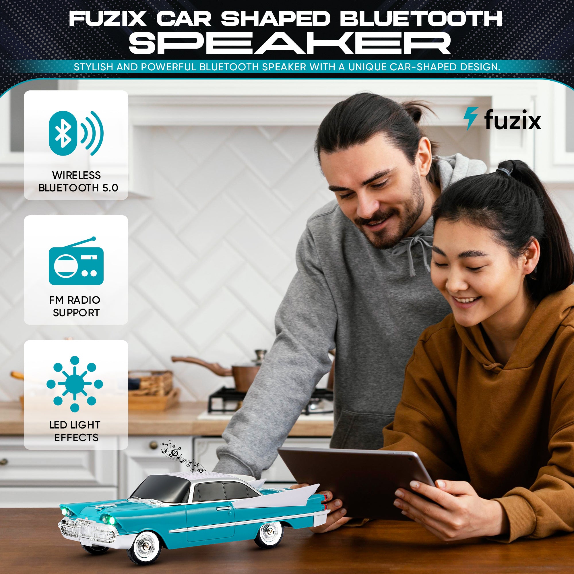 Fuzix WS-1965 Car Bluetooth Portable Speaker, Retro Car-Style Wireless Stereo Speaker with LED Headlights and Taillights, AUX/USB/TF/FM Radio Playback, Rechargeable Battery, High-Power Clear Sound, Multiple Playback Modes, Perfect Festival Gift, Ideal for