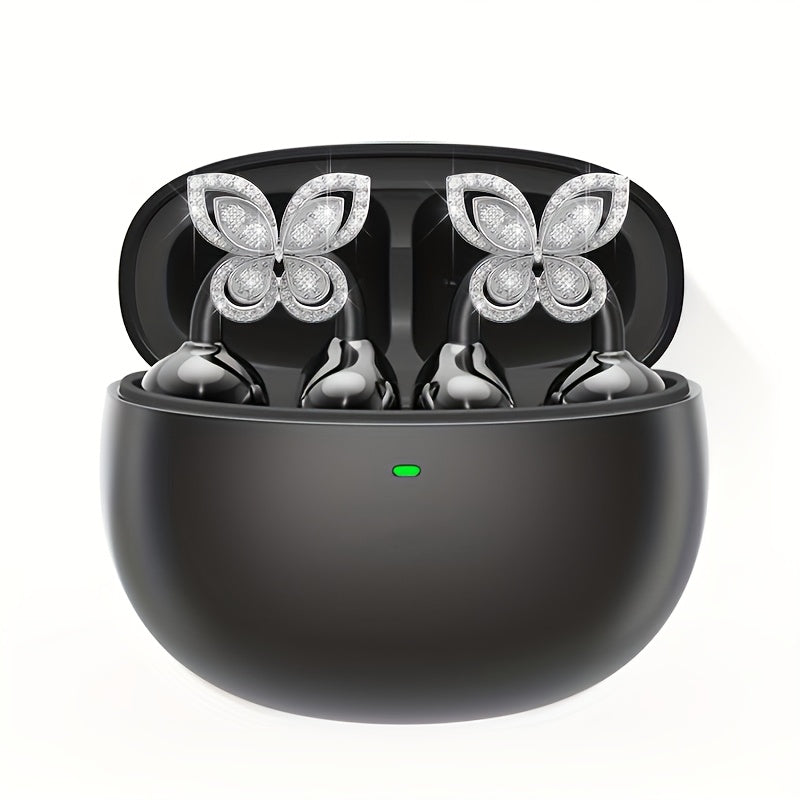 Clip On Earbuds, Open Wireless Earphones, With Detachable Beautiful Synthetic Gemstonestone Earrings, HD Stereo Sound, ANC Noise Reduction, Hands-Free Call, Designed For Exercise/ Sports/ Work/ Study/ Outdoors, Compatible With All Smartphones
