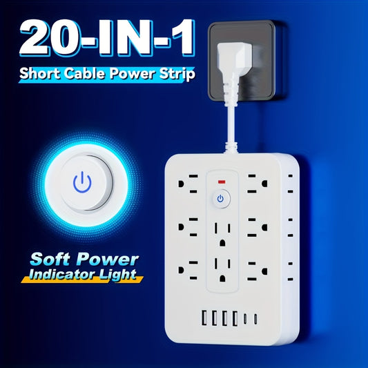 20-in-1 Lightning Protection Power Strip, With 14 AC Sockets, 4 USB Ports And 2 Type-C Ports | Compact Multi-port Extension Socket, Featuring A Flat Plug Design, Space-saving, Extension Cord, Suitable For Home, Travel, Office And Kitchen | Overload