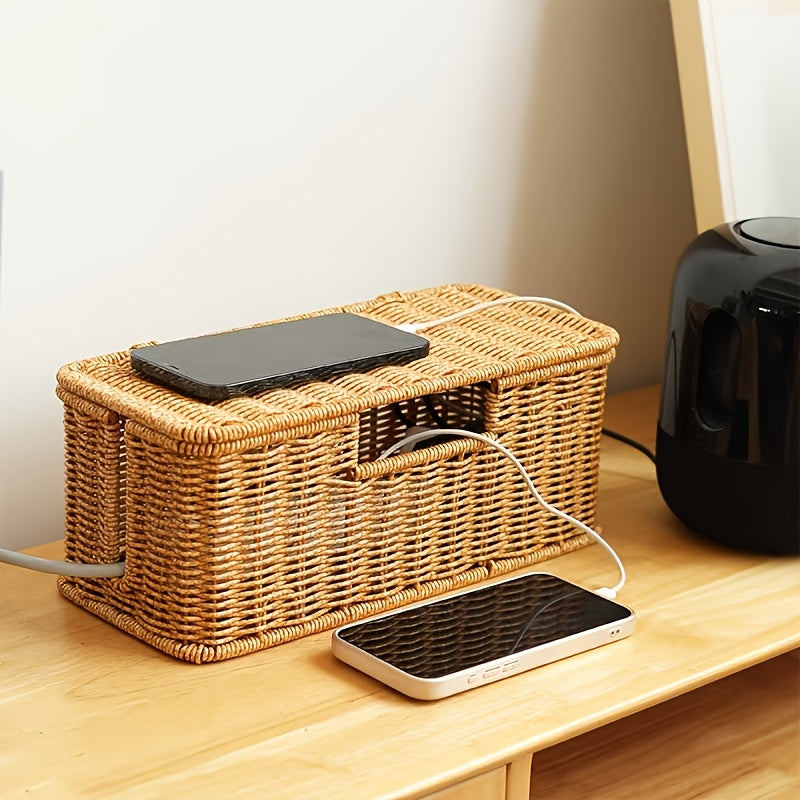 Desktop Cable Management Box with Lid & Imitation Rattan Woven Cover - Cord Suitable for Power Strips, Outlet Cover, Cable Storage Box for Home Office,, Desk - Cord Concealer for Power Strip, Data Cable Holder, Space-Saving