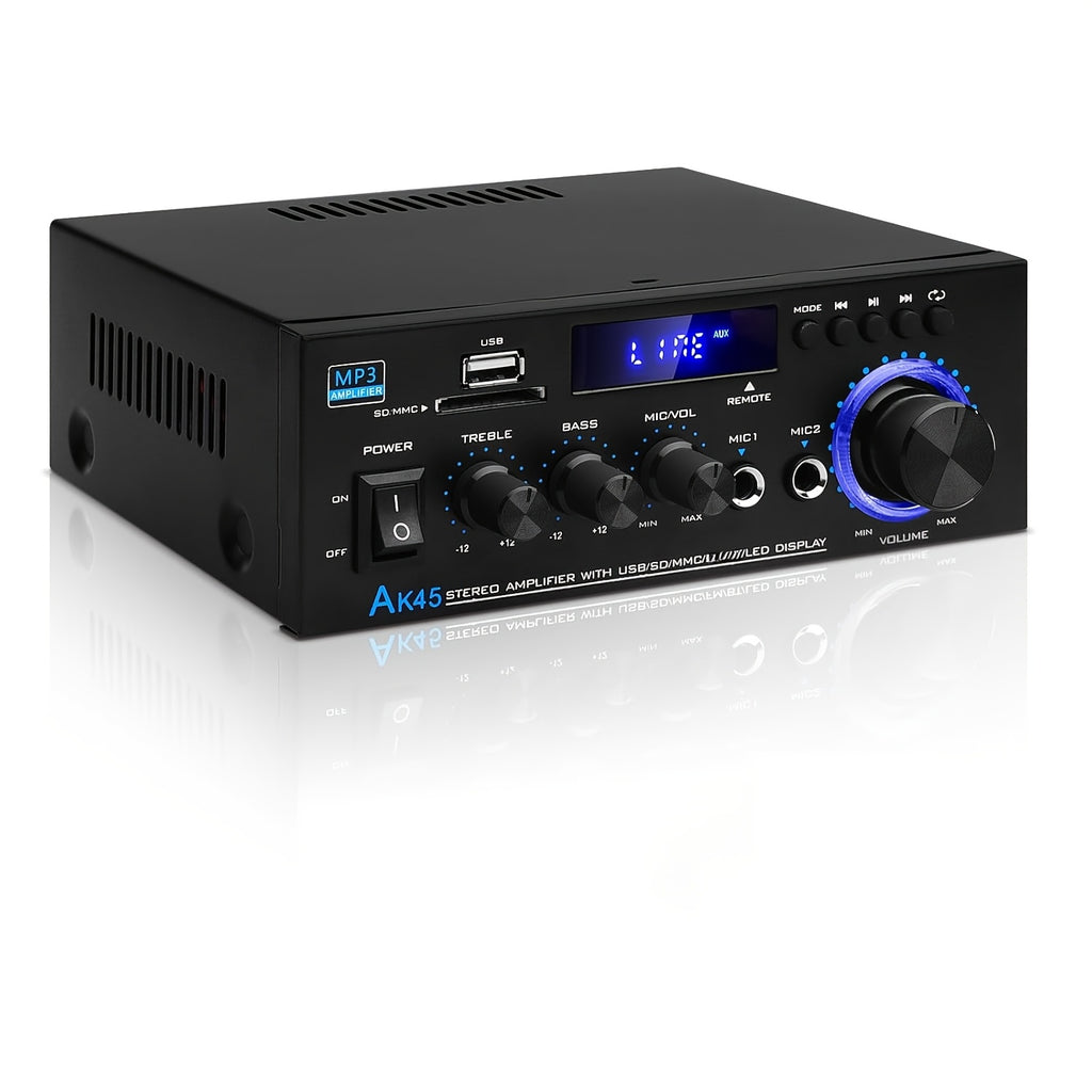 [Bluetooth 5.0 Amp] AK45 Bluetooth 5.0 Audio Receiver, 400W 2 Channel Power Amplifier System, Home Stereo Karaoke Amp With FM Radio, USB, MMC & SD Card Player, Support Passive Ceiling/Garage/Home Theater Speakers