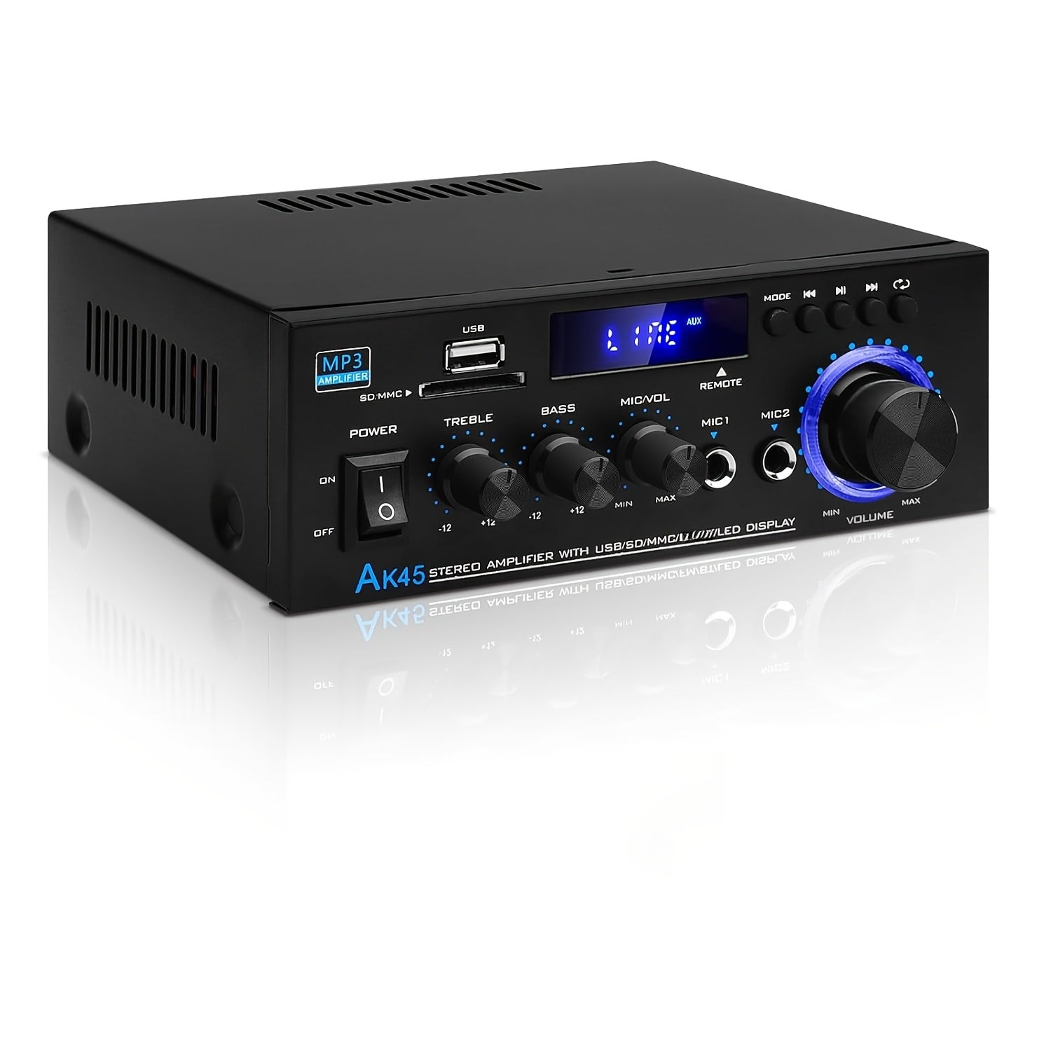 [Bluetooth 5.0 Amp] AK45 Bluetooth 5.0 Audio Receiver, 400W 2 Channel Power Amplifier System, Home Stereo Karaoke Amp With FM Radio, USB, MMC & SD Card Player, Support Passive Ceiling/Garage/Home Theater Speakers
