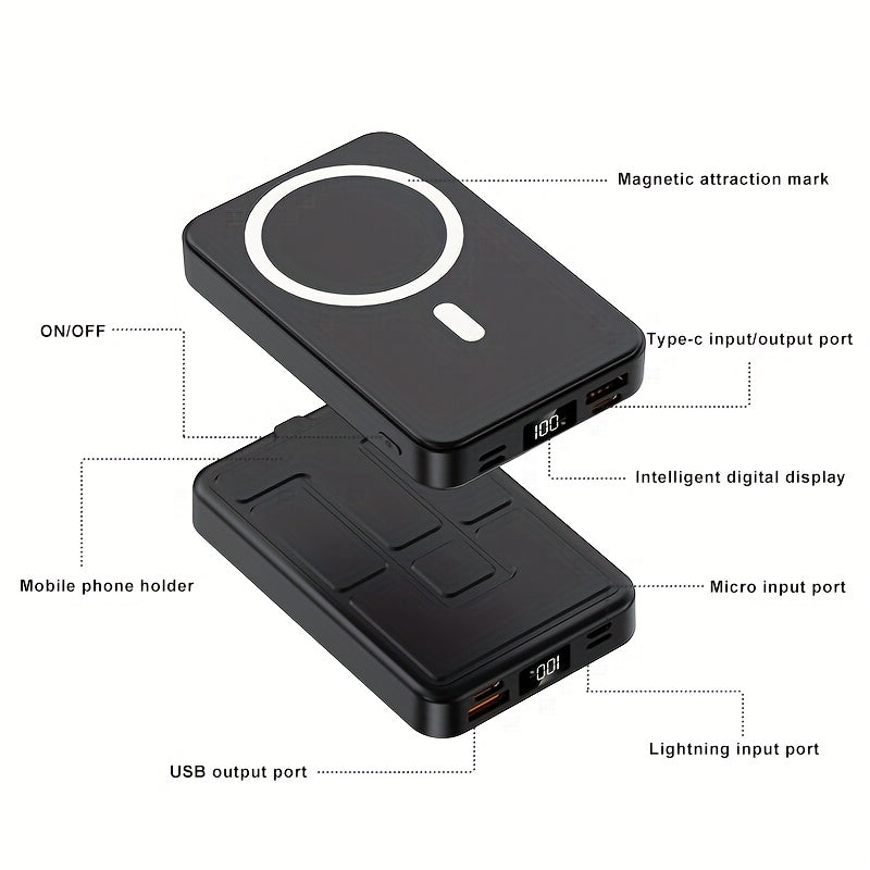 New 10000mAh Magnetic Wireless Power Bank 22.5W/PD20W Mobile Phone Portable Charger LED Battery Display Emergency Backup for Outdoor Travel Charging 3 Devices At The Same Time, Comes with A Stand for Use On The Plane
