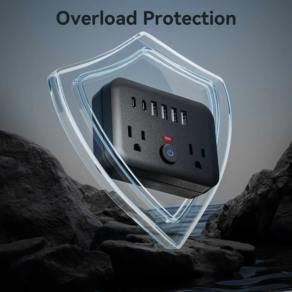 Mini Portable Surge Protector Power Strip, 8-in-1 Multifunction with 2 Outlets, 4 USB Ports, 2 USB-C Jacks, Overload Protection, US Plug, Wall-Mounted for Home, Travel, Office - Black & White, Travel Accessory | Sleek Black Design | Multi-port Surge