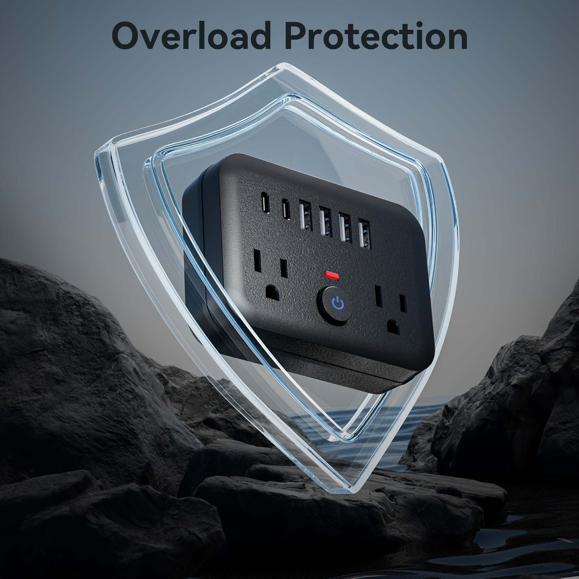 Mini Portable Surge Protector Power Strip, 8-in-1 Multifunction with 2 Outlets, 4 USB Ports, 2 USB-C Jacks, Overload Protection, US Plug, Wall-Mounted for Home, Travel, Office - Black & White, Travel Accessory | Sleek Black Design | Multi-port Surge