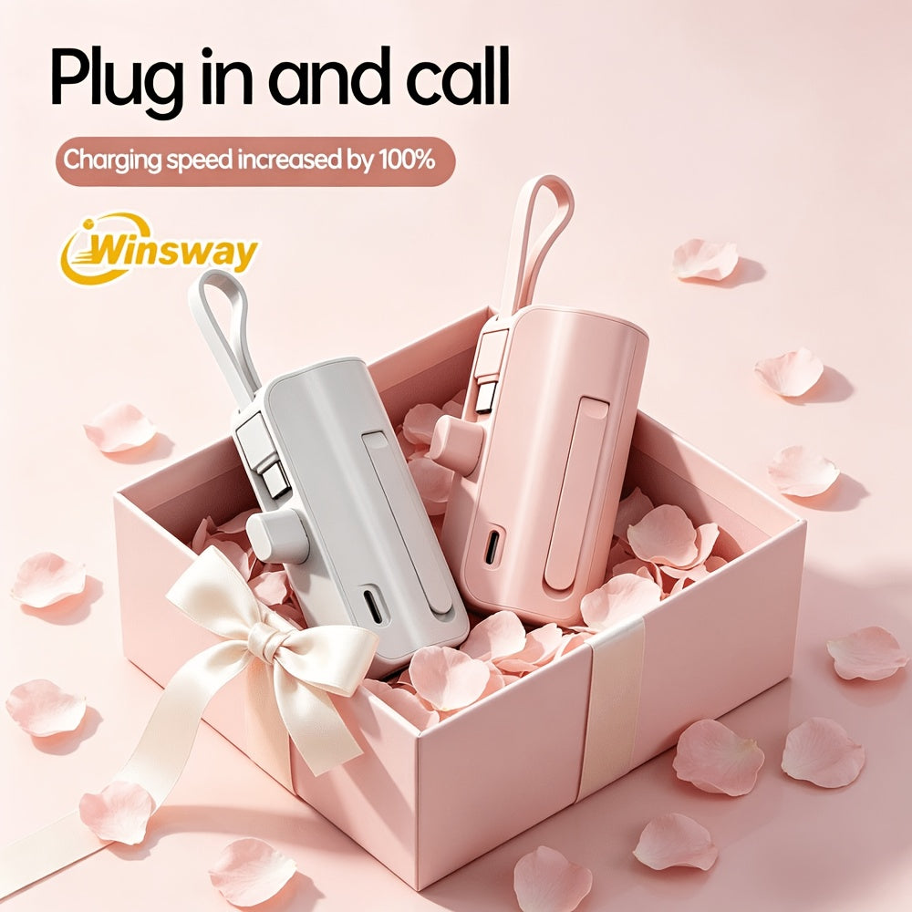 WINSWAY Dual Port 5000mAh Capsule Mini Pocket Mobile Power Bank, Portable Fast Charging Wireless Phone Holder Charger, Comes with Type-C Data Cable, Can Charge Two Phones At The Same Time, Compatible with Android, Samsung And Other Devices, Suitable