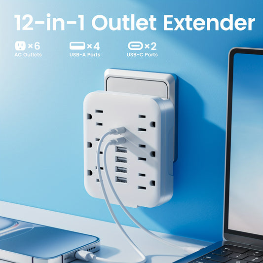 1pc Multi-socket Power Strip With USB Port, 6 AC Outlets, 4 USB-A And 2 Type-C Ports, 12-IN-1 Wall Power Outlet For Home, Office, Bedside, Travel. White And Black