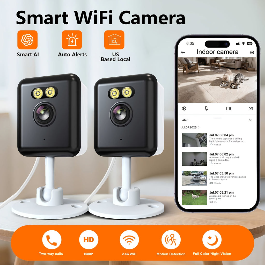 [1080P] 2-Pack/4-Pack 2.4G WiFi Home Indoor Security Cameras, 1080P Full HD Wi-Fi Smart Camera with Full-Color Night Vision, Two-Way Audio, Smart Motion Detection, Smartphone App Control for Video Monitoring, Compatible with Alexa, AI-Powered