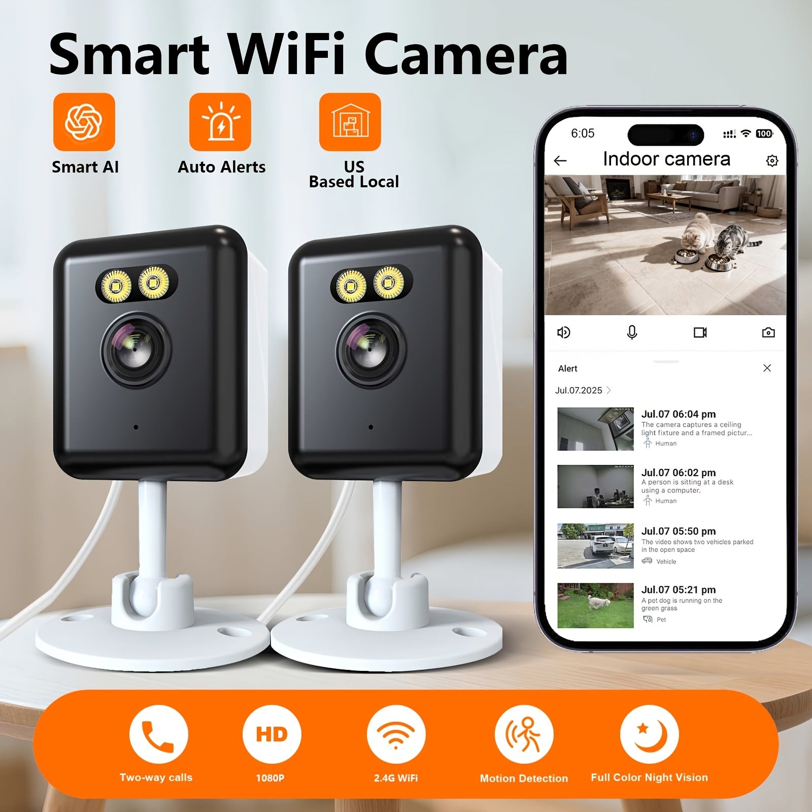 [1080P] 2-Pack/4-Pack 2.4G WiFi Home Indoor Security Cameras, 1080P Full HD Wi-Fi Smart Camera with Full-Color Night Vision, Two-Way Audio, Smart Motion Detection, Smartphone App Control for Video Monitoring, Compatible with Alexa, AI-Powered