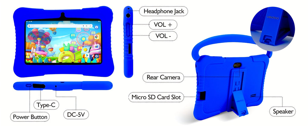 Veidoo, 7 Inch Kids Tablet, 2GB RAM 16GB ROM/2GB RAM+32GB ROM, Support 1TB ROM EXPAND, Security Eye Screen, Wifi, Dual Camera, Educational Games, Parental Control APP, Android Tablet, Tablet with Drop Proof Silicone Cover (Dark Blue), Tablet, Pad