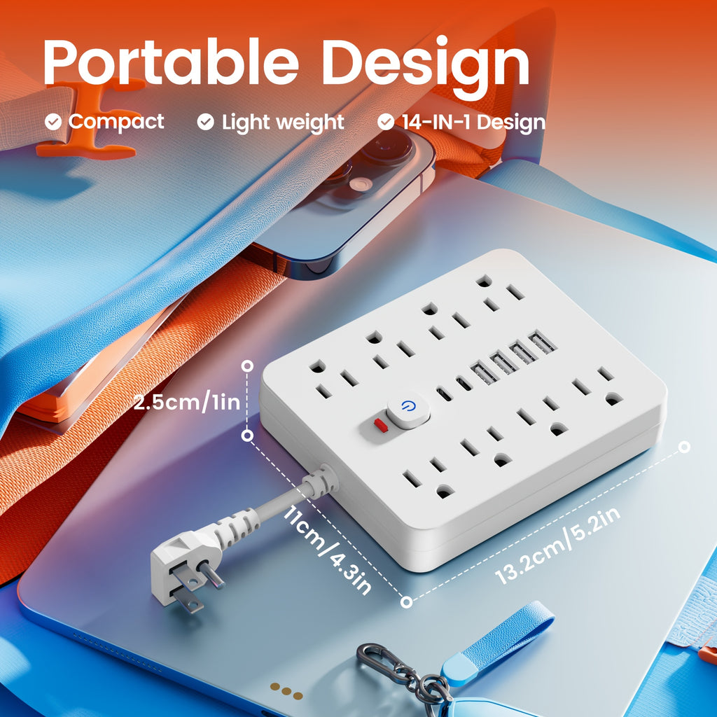 14-in-1 Power Strip with Surge Protector - 8 AC Outlets And 6 USB Ports (2 USB-C)| Flat Plug, Space Saving Design, Unique Short Cord Design, Overload Protection for Home, School, Office. Available In Black And White