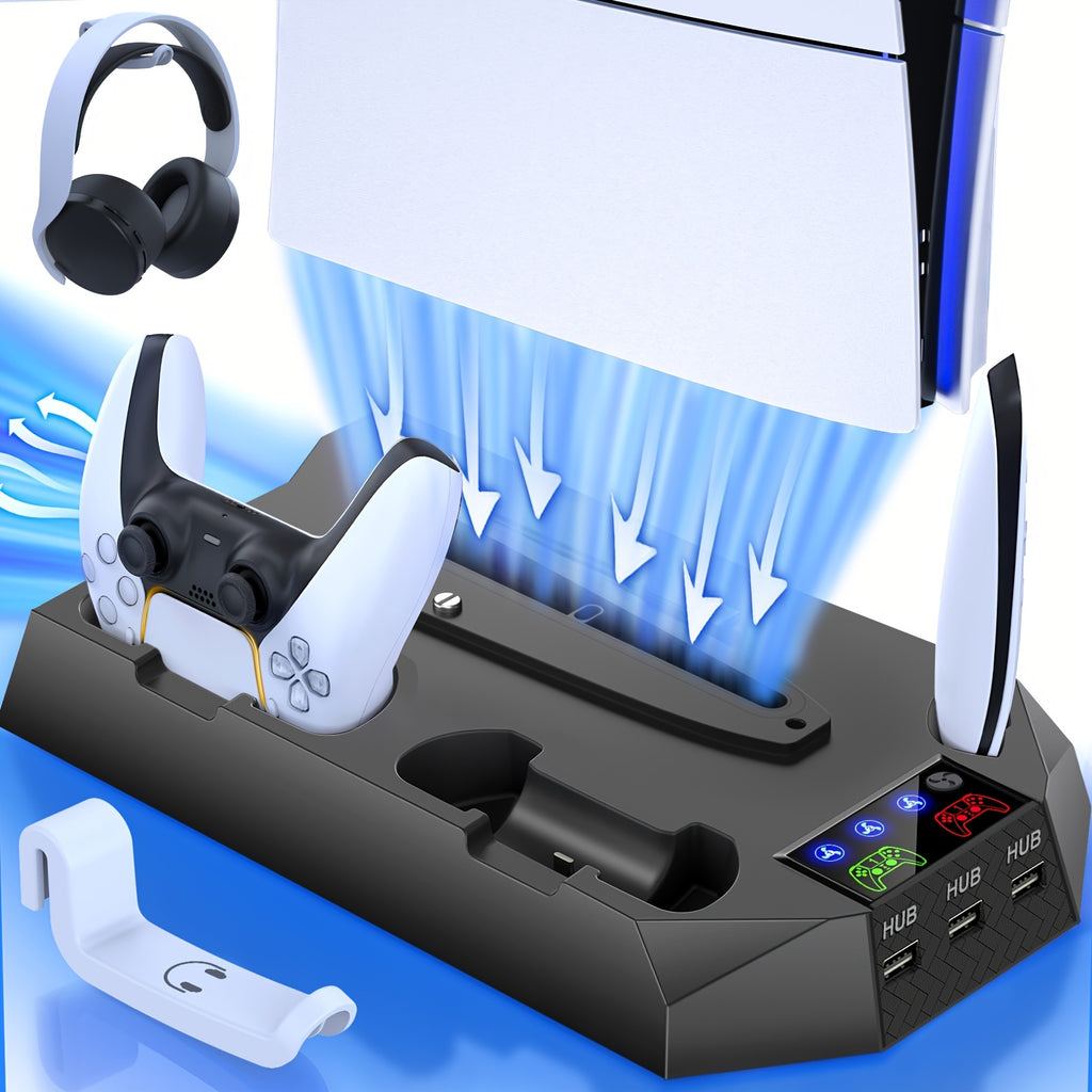 Cooling Station for PS5, Controller Charging Station for Playsation 5 Slim/Pro/&Standard Disc/Digital Console, for PS5 Accessories Incl. Controller Charger/Turbo Fan/3 USB Hub/Headset Holder, Christmas Gift, USB Length 19 Inches