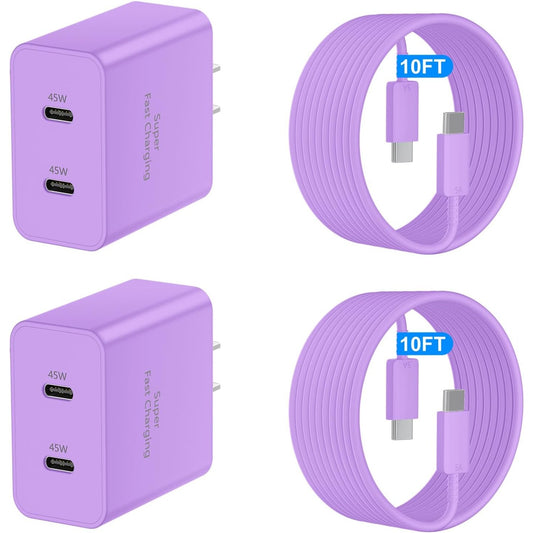 [Super Fast Charger] 45W for Samsung Super Fast Charger USB C, Dual Android Phone Charger Type C Chargers Fast Charging Block With 10FT Long USB-C Charging Cable Cord for Samsung Ultra/S25+/S25/S24 Ultra/S24-Purple