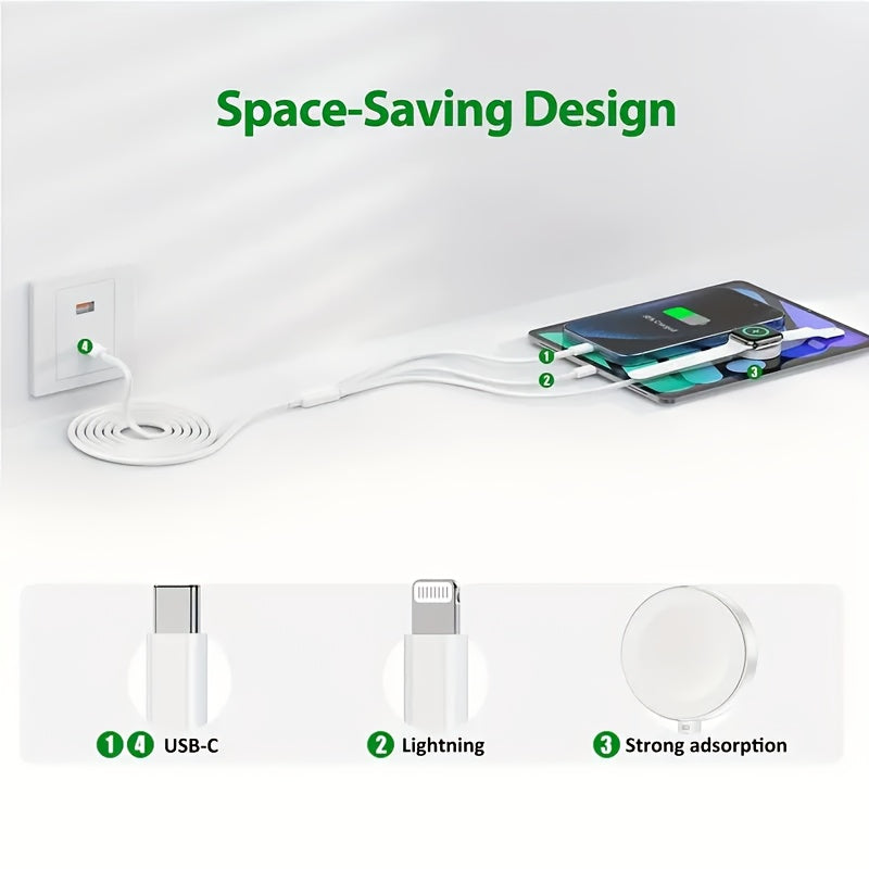 6.6ft iWatch 3-in-1 Magnetic Smart Fast Charging Cable with 20W Type-C Wall Charger Adapter Compatible for iWatch Series Ultra/SE/9/8/7/6/5/4/3/2/1 And iPhone 15/14/13/12/11 (Purple, Pink, White)