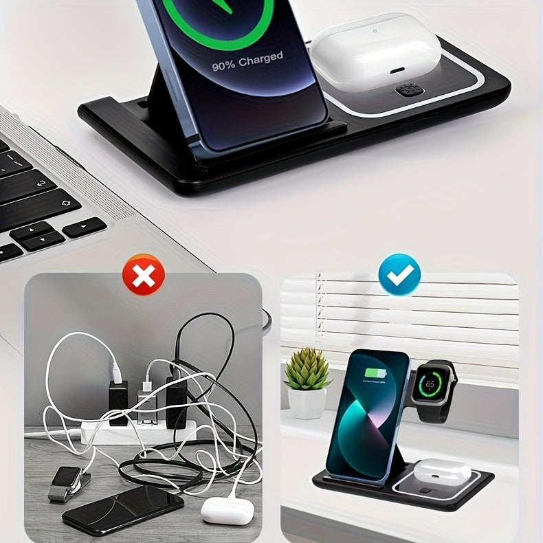 3-in-1 Wireless Charging Station - 15W Fast Charger Stand with QC3.0 Adapter - Suitable for iPhone 15 14 13 12 11 X 8 Pro Max/Pro/Mini/Plus, iWatch Ultra 9/8 7/6/5/4/3/2, AirPods 3/2